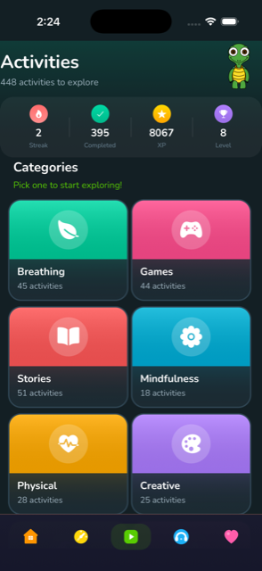 The Tommy app's Activities tab, showing the Breathing category